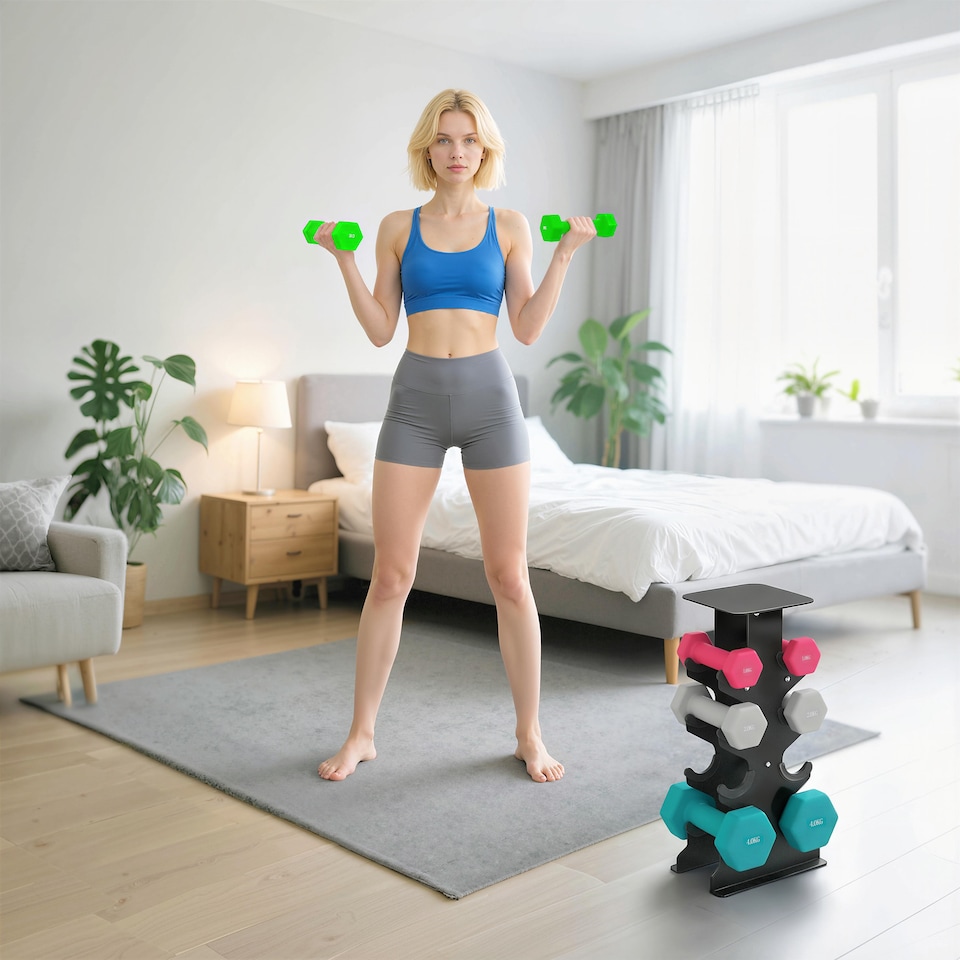 image 1 of SPORTNOW Hex Dumbbells Set with Dumbbell Rack, 1kg, 2kg, 3kg, 4kg Set | Black