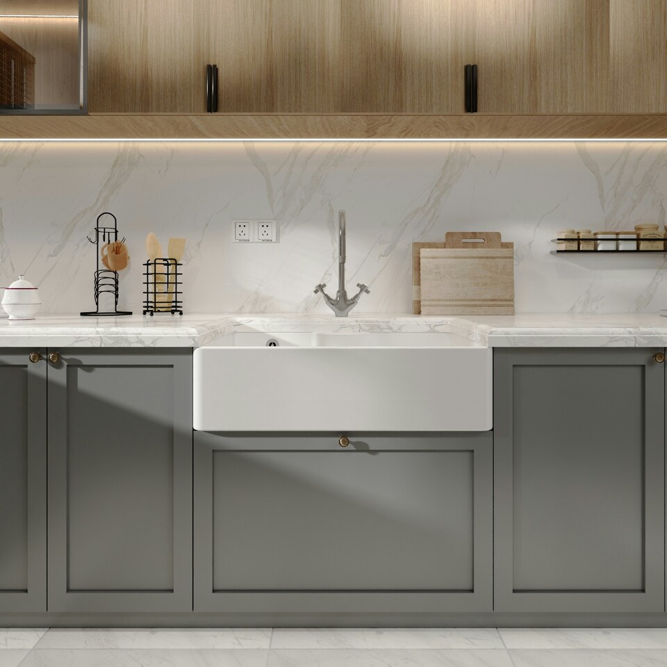 image 1 of 795mm - Single Bowl Fireclay Butler Kitchen Sink - Tap Ledge, Overflow & Waste