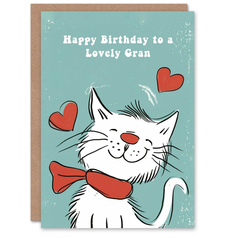 image 1 of White Scarf Drawing Love Hearts Cat Gran Her Birthday Card