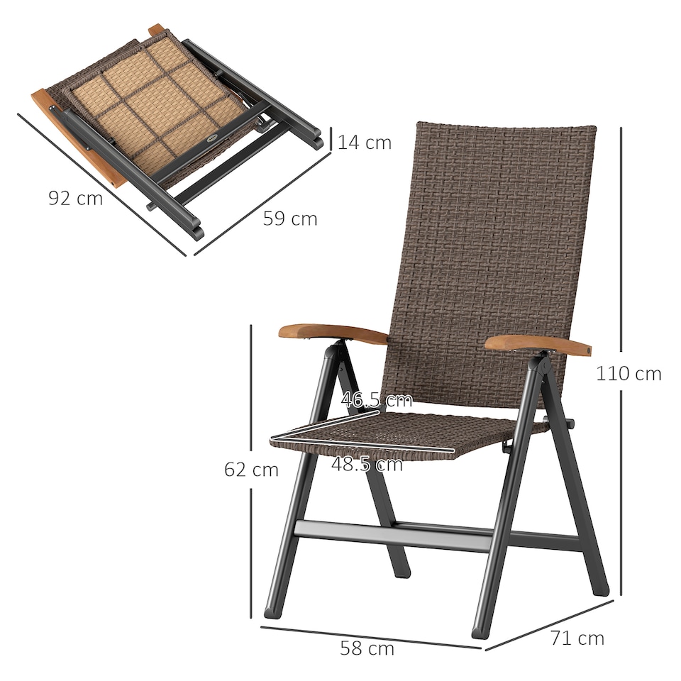 image 1 of Outsunny Folding Garden Chair, 5-level Reclining PE Rattan Garden Dining Chair with Wood Armrests, High Back and Steel Frame for Outdoor, Patio, Terrace, Porch, Brown | Brown | Brown