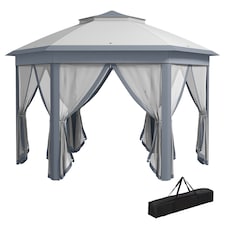 Outsunny 3 x 4m Garden Gazebo Hexagon Pop Up Gazebo Party Tent Canopy Double Roof Instant Shelter with Netting and Carry Bag for Outdoor Patio, Grey
