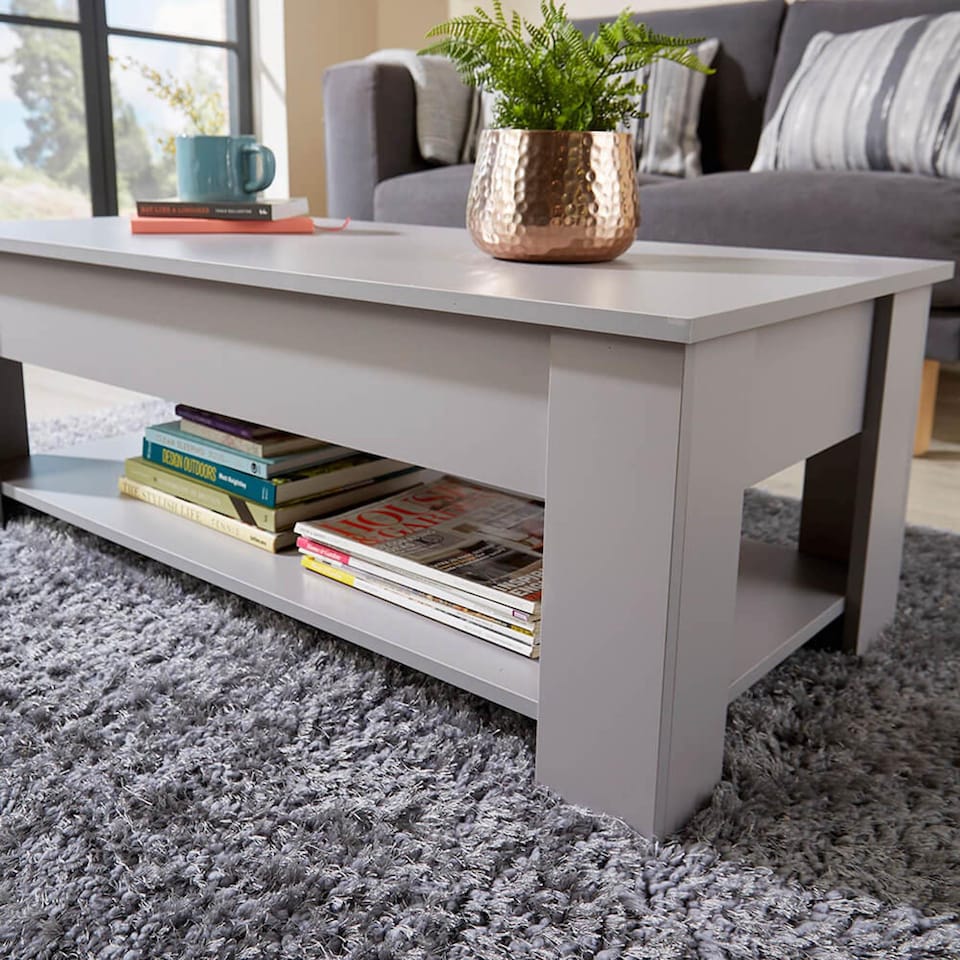 image 1 of Wooden Coffee Table With Lift Up Top Storage Area and Magazine Shelf | Grey
