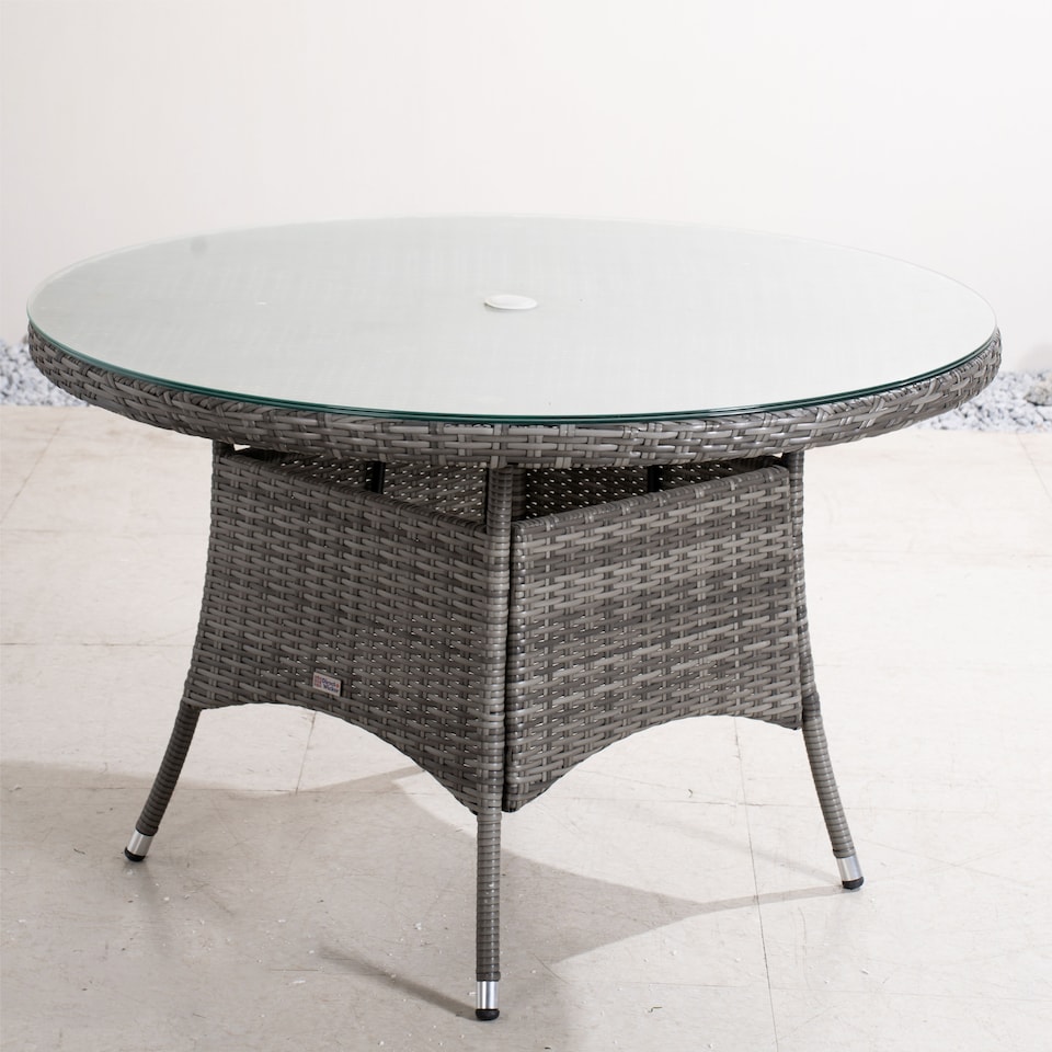 image 1 of Direct Wicker Outdoor 4 Person Rattan Round Dining Table, Aluminum Frame with Tempered Glass Top, Umbrella Hole | Grey