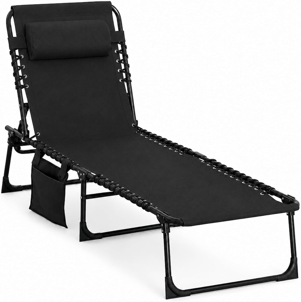image 1 of Black Folding Sun Lounger with Adjustable Backrest - Portable Sunbed Chair, Steel Frame, Oxford Fabric, Garden Recliner Bed