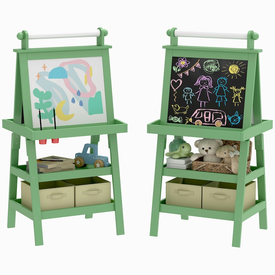 image 1 of AIYAPLAY Art Easel for Kids with Paper Roll, 3 in 1 Kids Easel Double-Sided Magnetic Whiteboard and Chalkboard with Storage Baskets, for Children 3-6 Years | Green | 59W x 48D x 118Hcm
