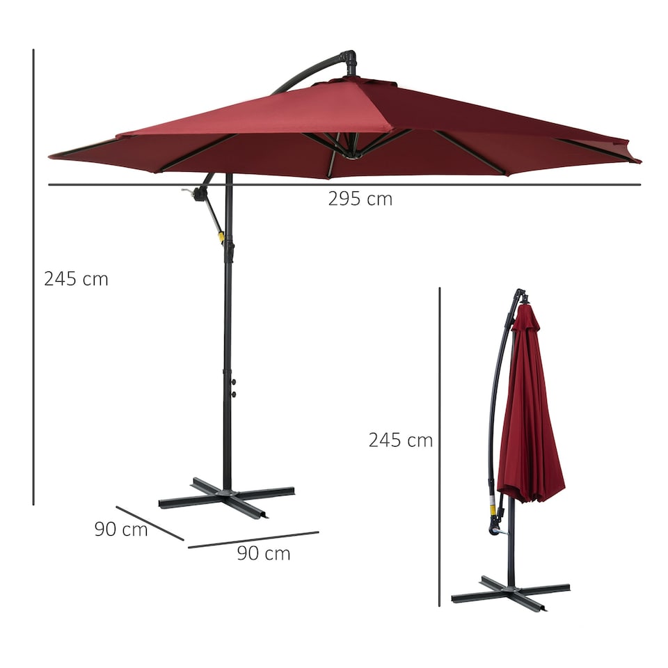 image 1 of Outsunny 3(m) Garden Banana Parasol Cantilever Umbrella w/Crank& Base, Wine Red