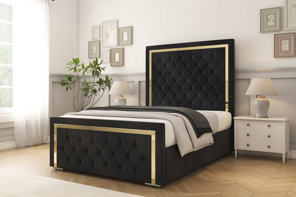 image 1 of Sloomy Sofia Gold Black Naples Bed Frame With 50" Upholstered Headboard 5' King