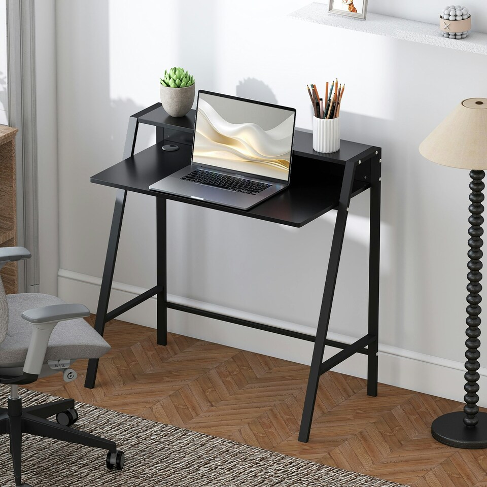 image 1 of HOMCOM 2-Tier Storage Computer Workstation with Shelf, Metal Frame Black