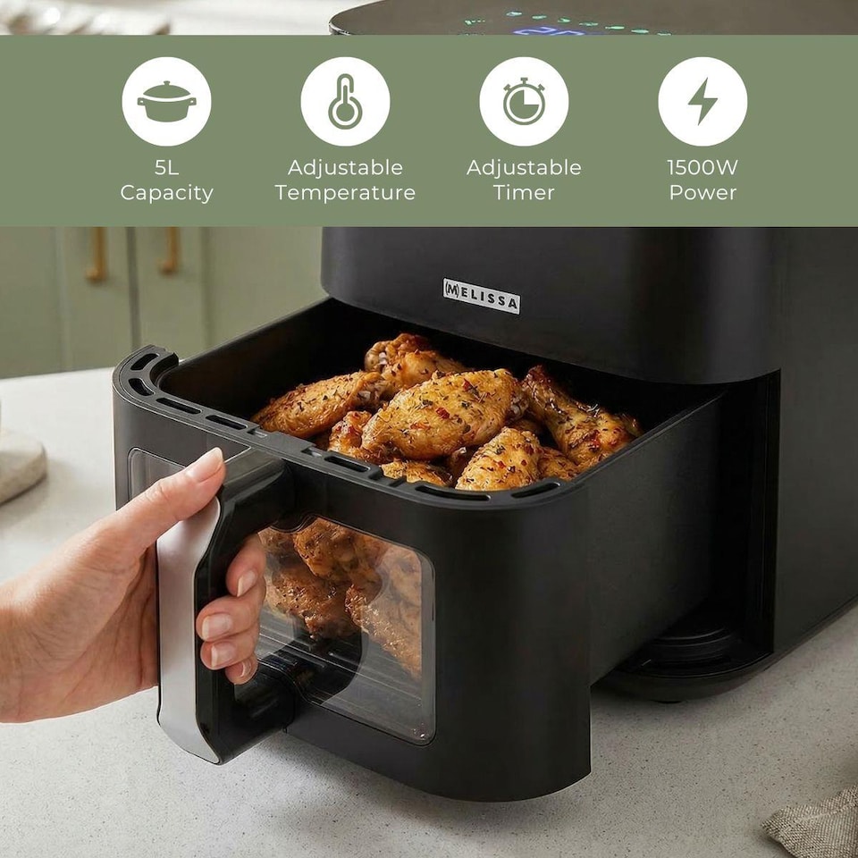 image 1 of Digital Hot Air Fryer XL, 5L Large Capacity Oil Free Cooker with Viewing Window, 8 Cooking Presets, 60 Minute Timer and Touch Screen Control - Black