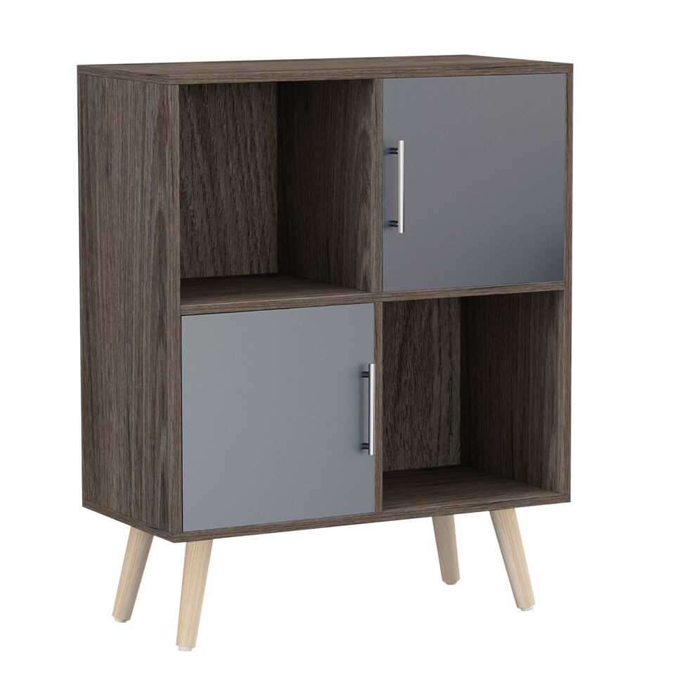 image 1 of Anthracite Oak 4-Cube Storage Unit with 2 Metal Handle Doors and Legs | Grey | Grey & Pine | 1