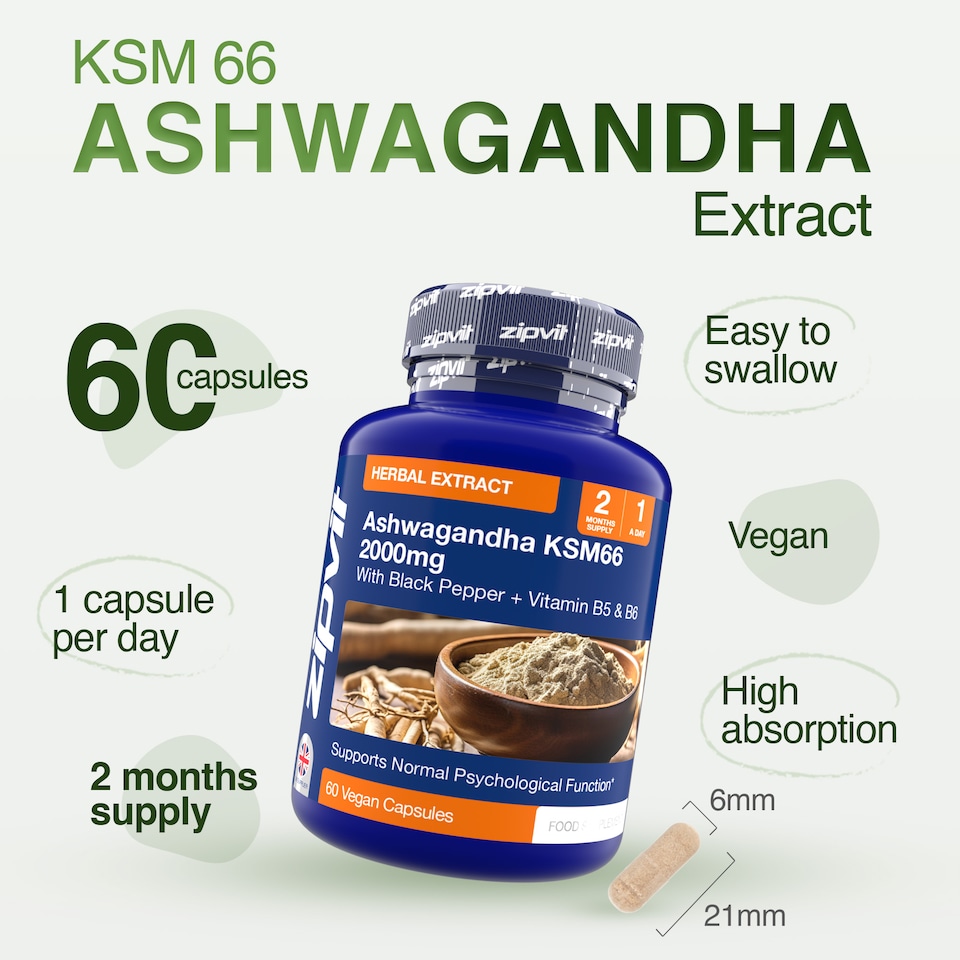 image 1 of Zipvit Ashwagandha KSM-66 Complex 2000mg with Vitamin B6, B5 & Black Pepper, Energy & Mental Performance, 60 Vegan Capsules, 2-Month Supply