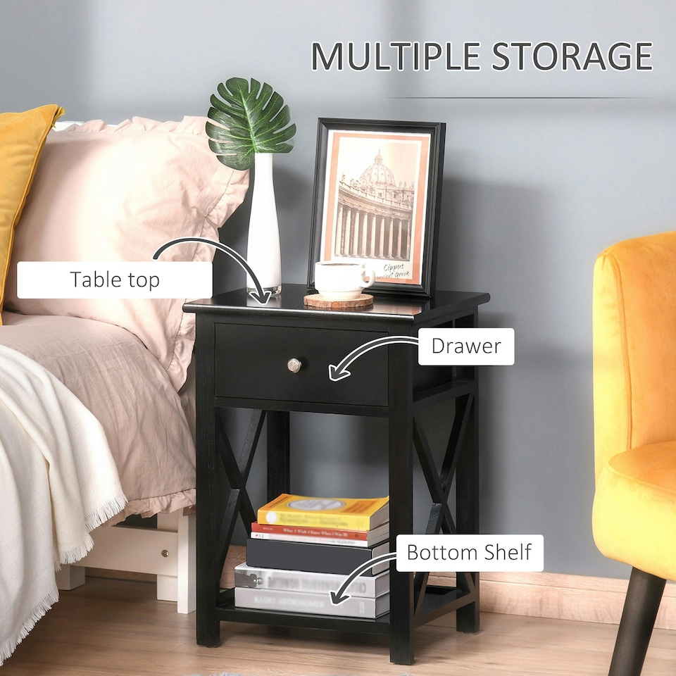 image 1 of HOMCOM 55cm End Side Table w/ Drawer Shelf Stand Black Black