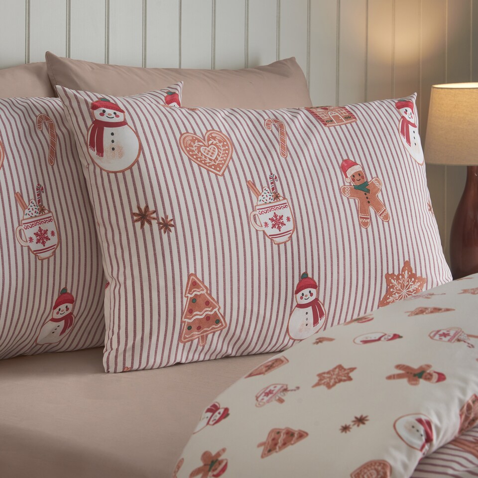 image 1 of Catherine Lansfield Christmas Gingerbread Stripe Reversible Duvet Cover Set