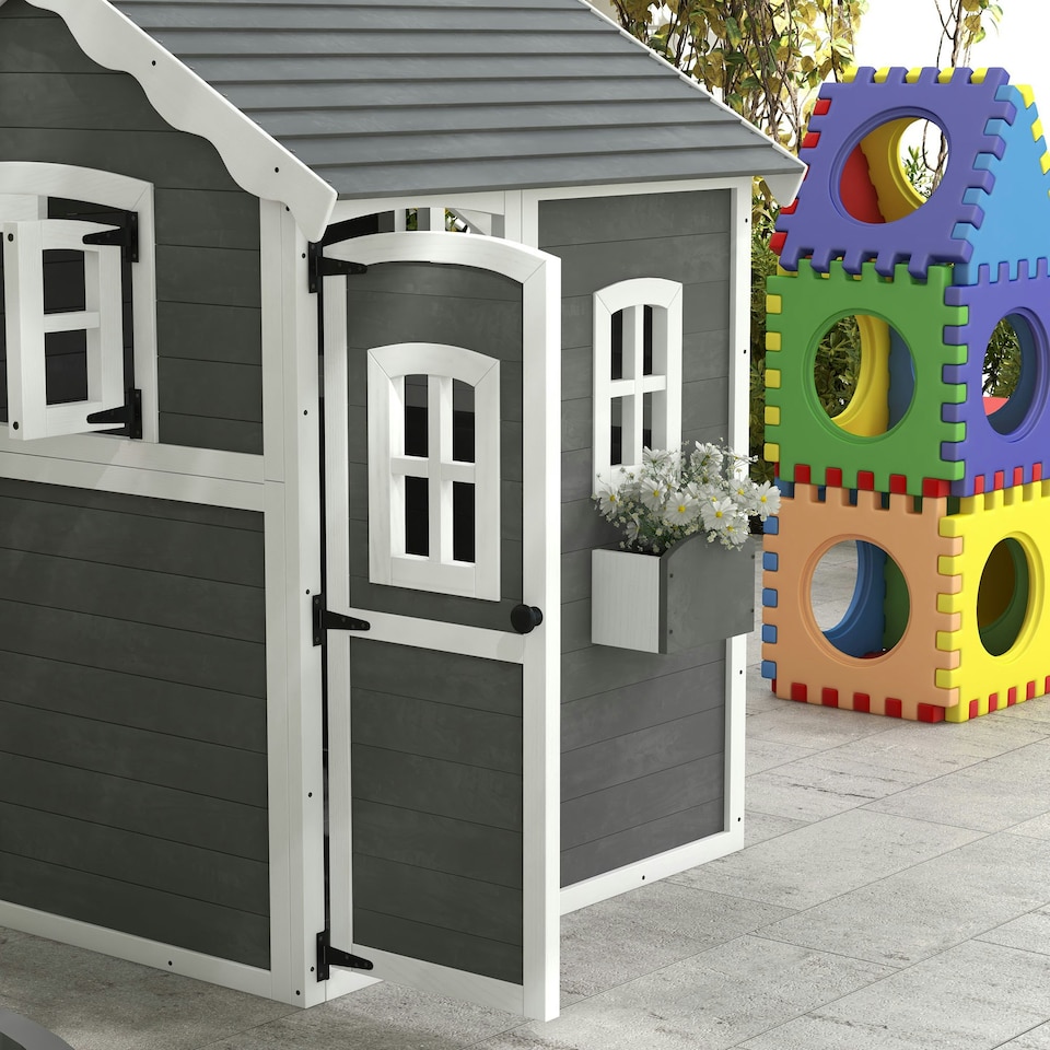 image 1 of Outsunny Wooden Wendy House for Kids with Floor, for Gardens, Patios - Grey