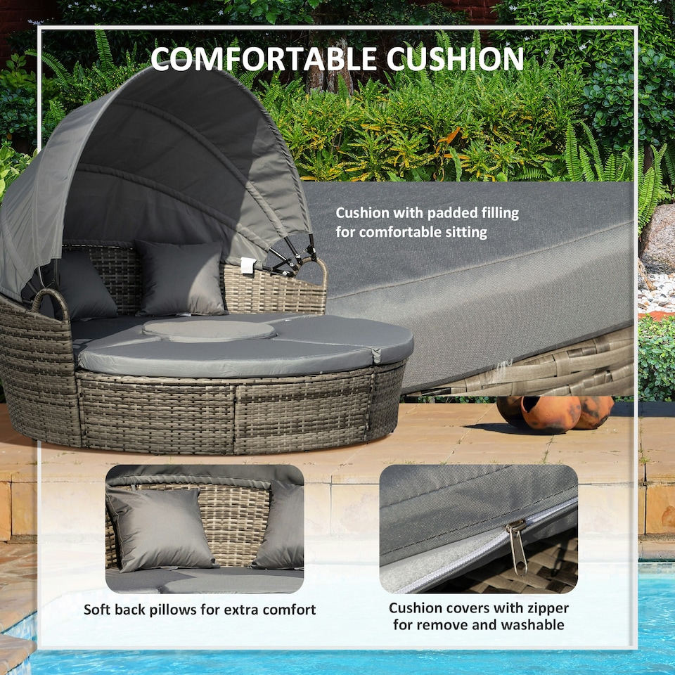 image 1 of Outsunny 5 PCs Cushioned Outdoor Plastic Rattan Round Sofa Bed Table Set Grey