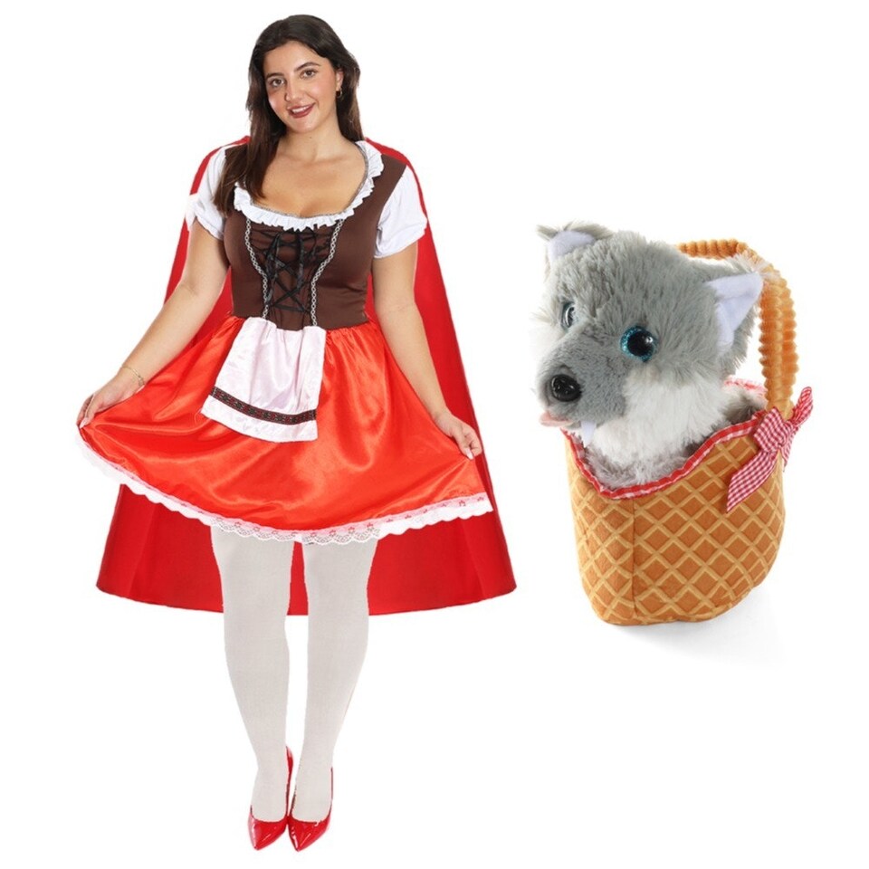 image 1 of Red Riding Hood Costume - Dress, Cape, Tights & Wolf in Basket Red | S