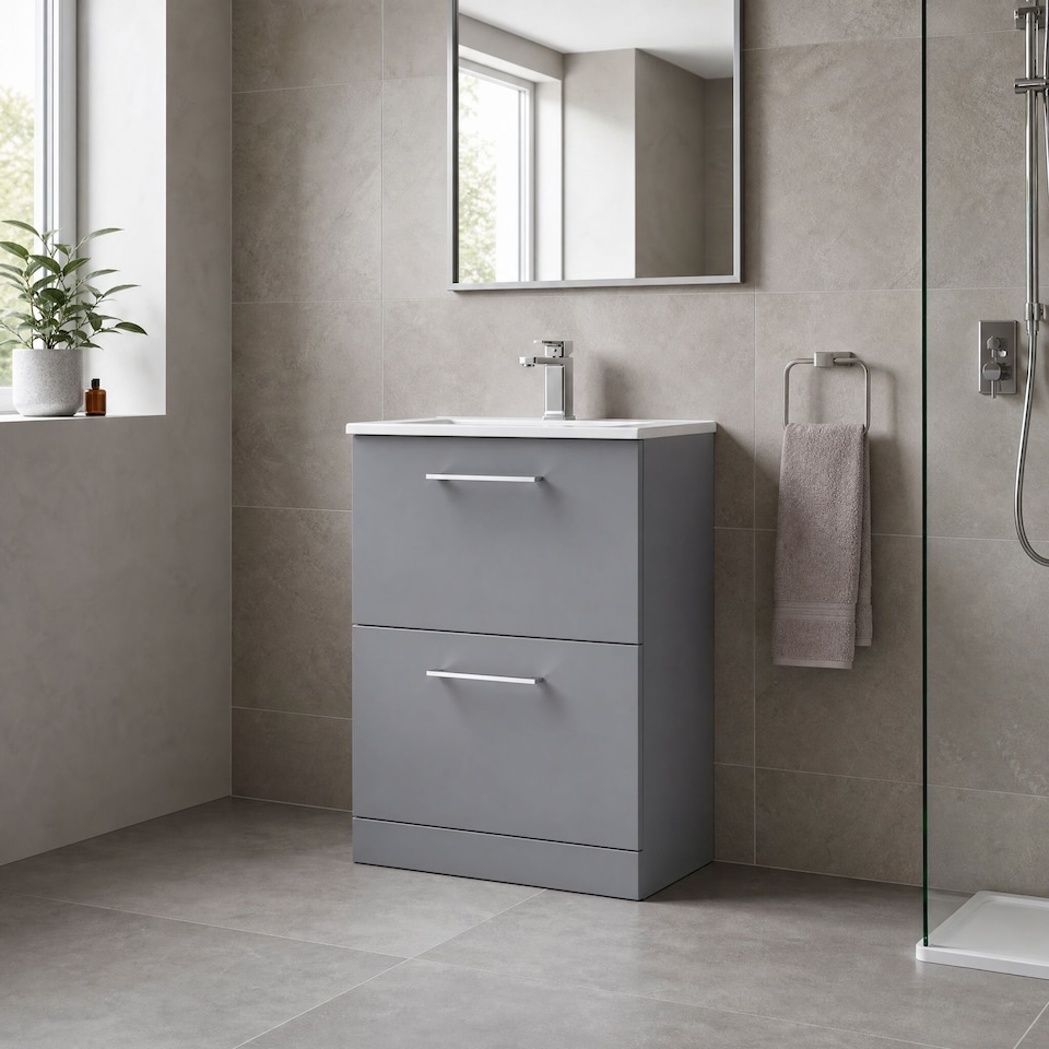 image 1 of Balterley Modern Bathroom 2 Soft Close Drawer & Minimalist Floor Standing Vanity Unit Basin | Grey | Satin Grey | 818 x 600 x 390mm