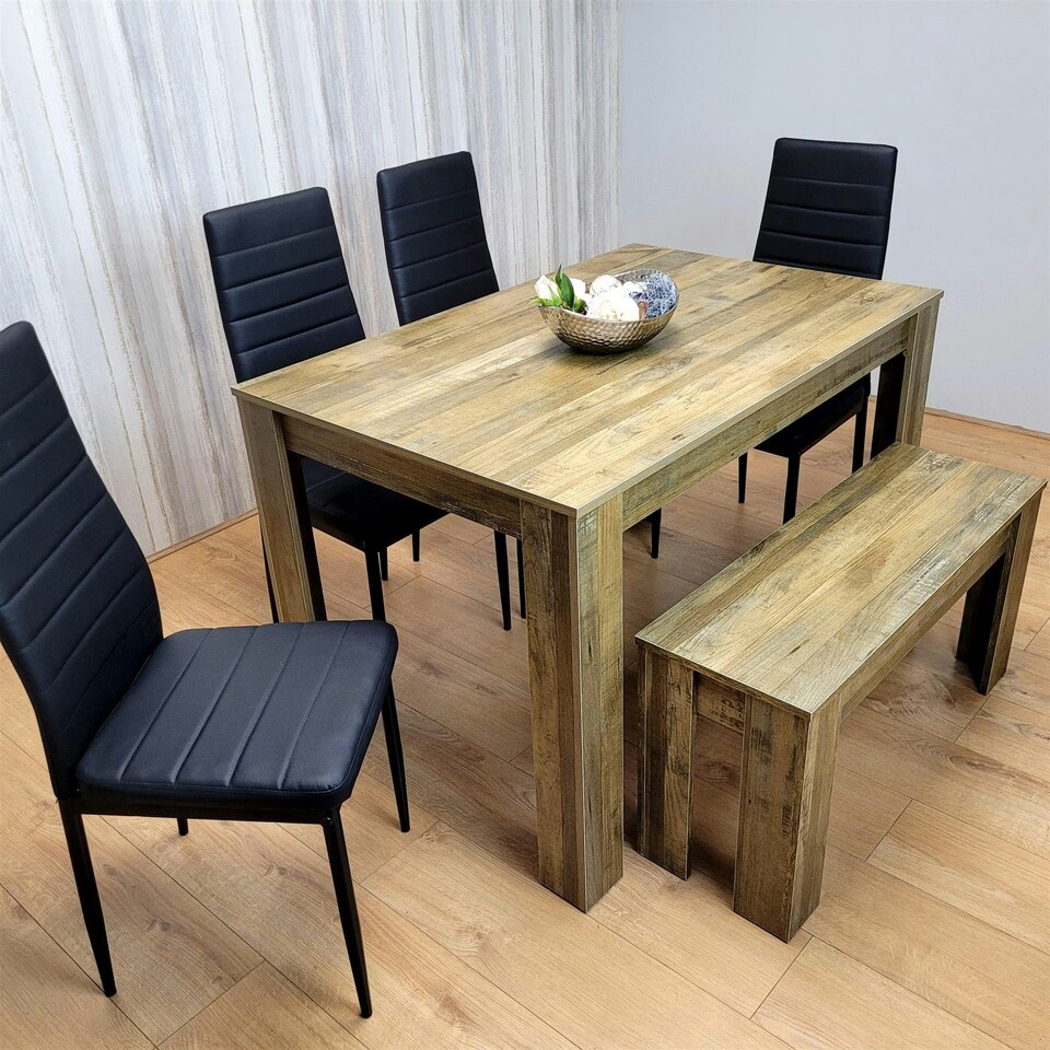 image 1 of Wooden Dining Table Set for 6 Rustic Effect Table With 4 Black Leather Chairs and 1 Bench Black