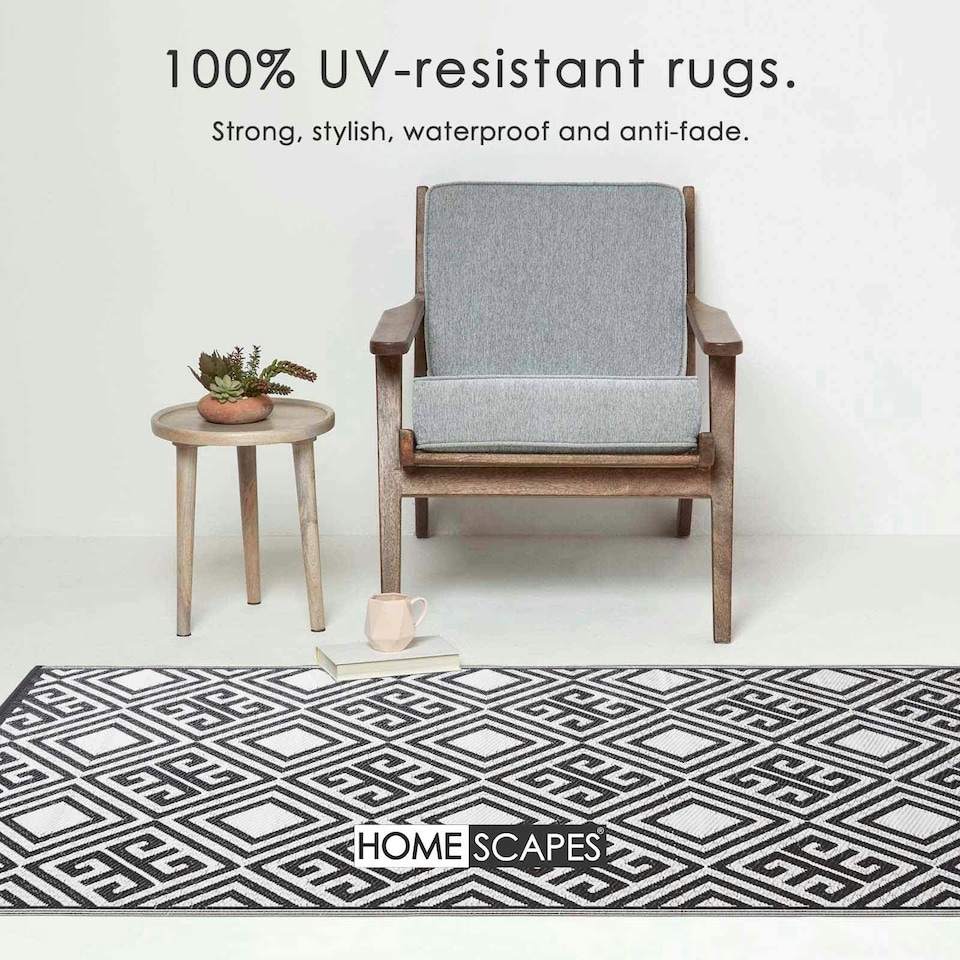 image 1 of Homescapes Outdoor Rug Luxury Waterproof Reversible, For Garden, Geometric | Black | Black and White