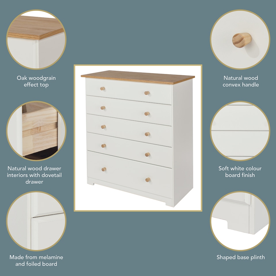 image 1 of Colorado Soft White 5 Drawer Chest - Painted Wood Bedroom Storage Cabinet with Oak Effect Top | White | White | 1