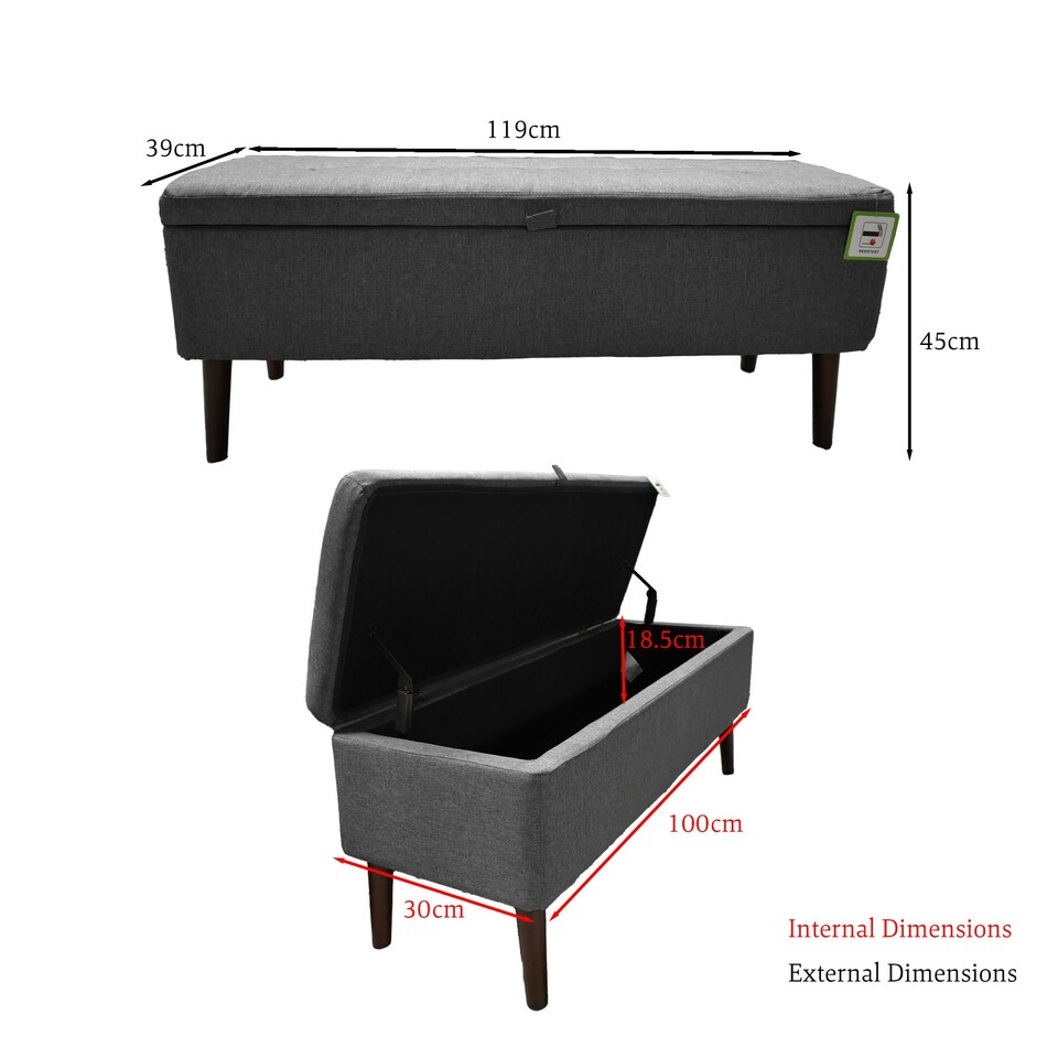 image 1 of Grey Linen Ottoman Storage Bench With Solid Wooden Legs Grey
