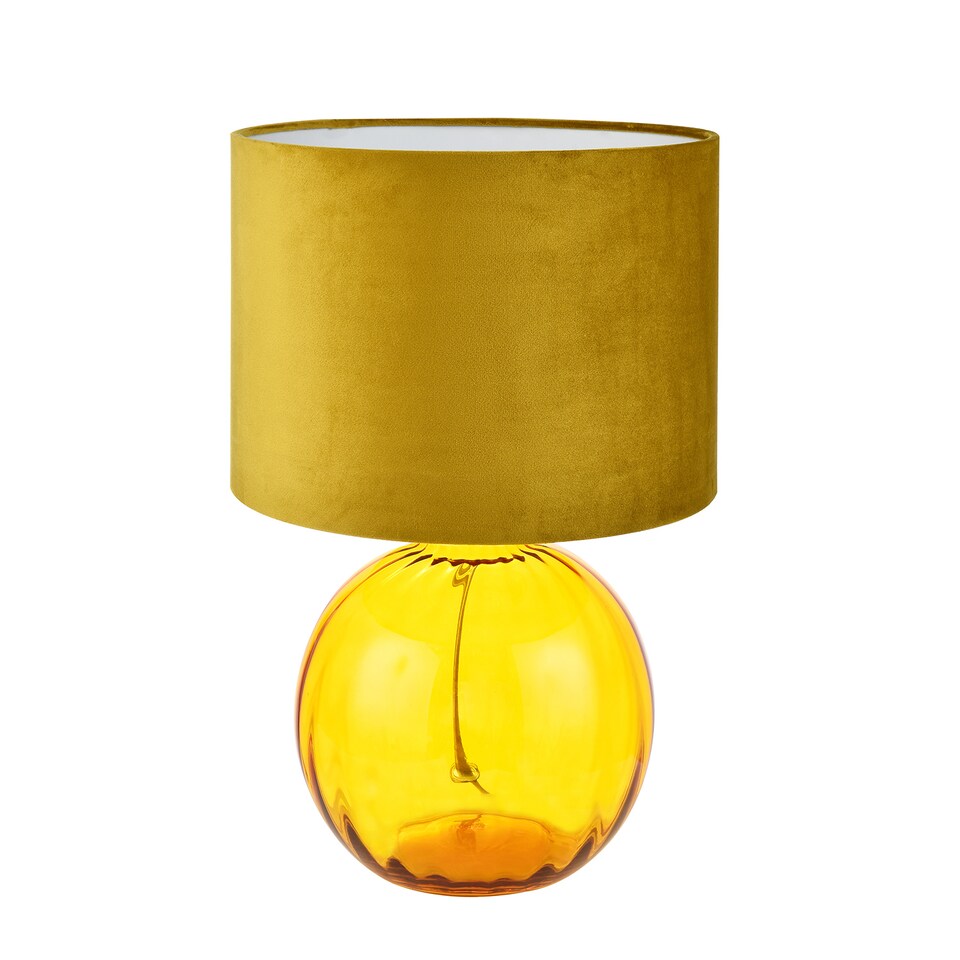 image 1 of Contemporary Ochre Ribbed Glass Table Lamp with Soft Velvet Mustard Shade | Yellow