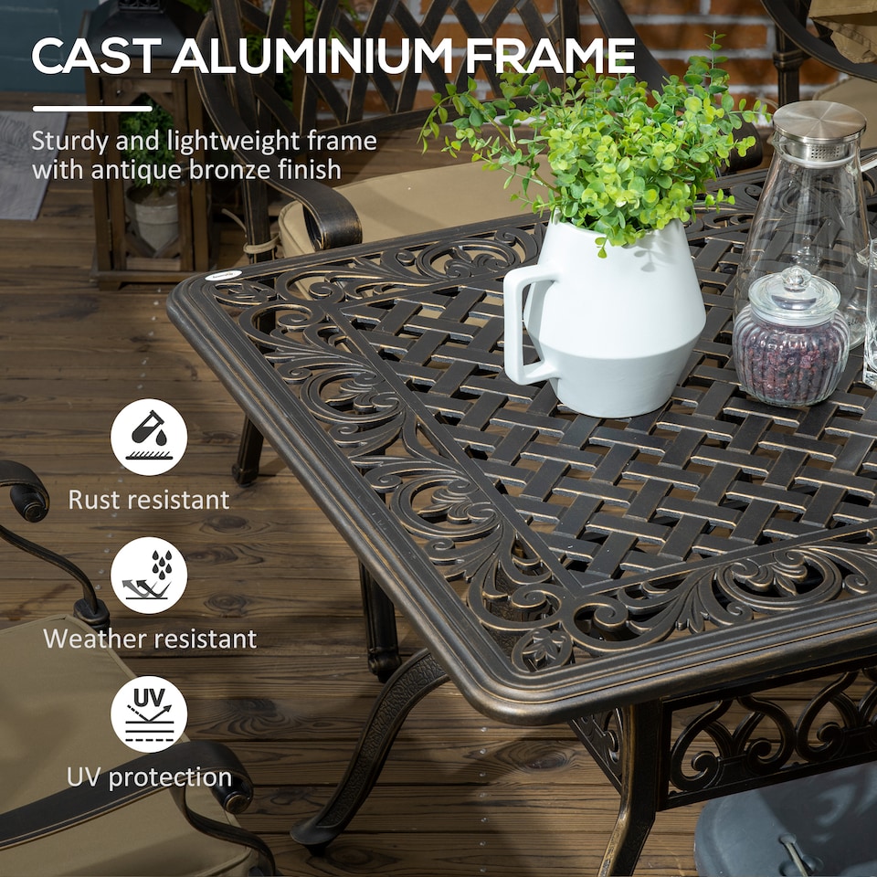 image 1 of Outsunny 7-PC Cast Aluminum Patio Dining Set w/ Umbrella Hole & Cushion, Bronze | Bronze | Bronze tone, Khaki | Table: 150x90x72.5cm, Chair: 62x65x91cm