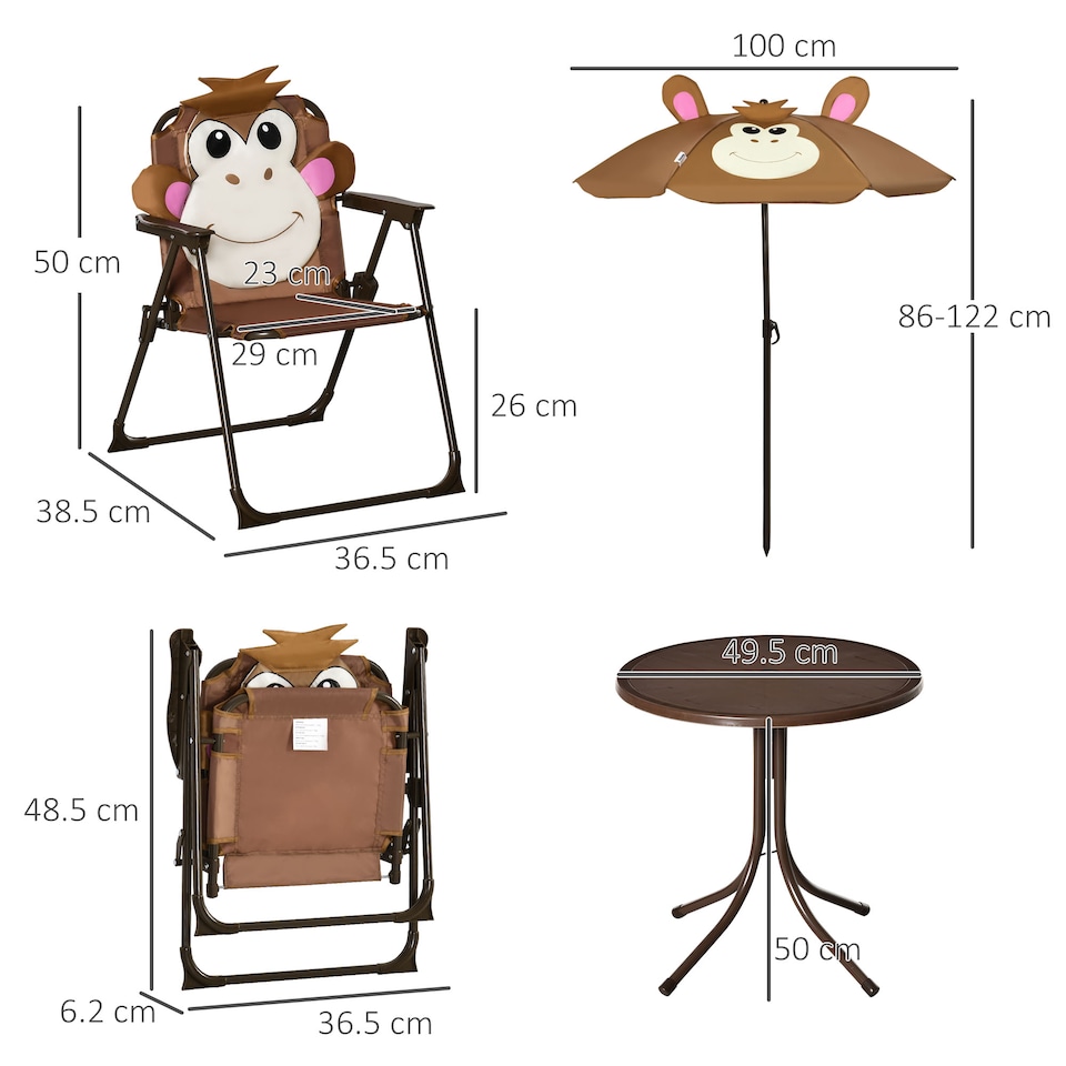 image 1 of Outsunny Kids Foldable Four-Piece Garden Set w/ Table, Chairs, Umbrella - Brown | Brown