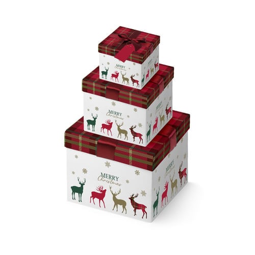 Tartan & Stag Square Christmas Stackable Gift Boxes - Pack of 3