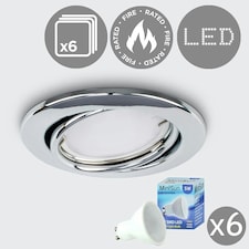 ValueLights Pack of 6 Fire Rated Chrome Tiltable GU10 Recessed Ceiling Downlights - Complete with 5w LED Bulbs 3000K Warm White