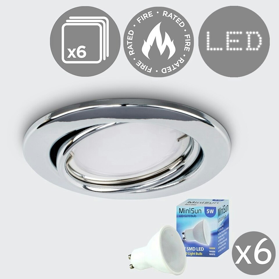 image 1 of ValueLights Pack of 6 Fire Rated Chrome Tiltable GU10 Recessed Ceiling Downlights - Complete with 5w LED Bulbs 3000K Warm White