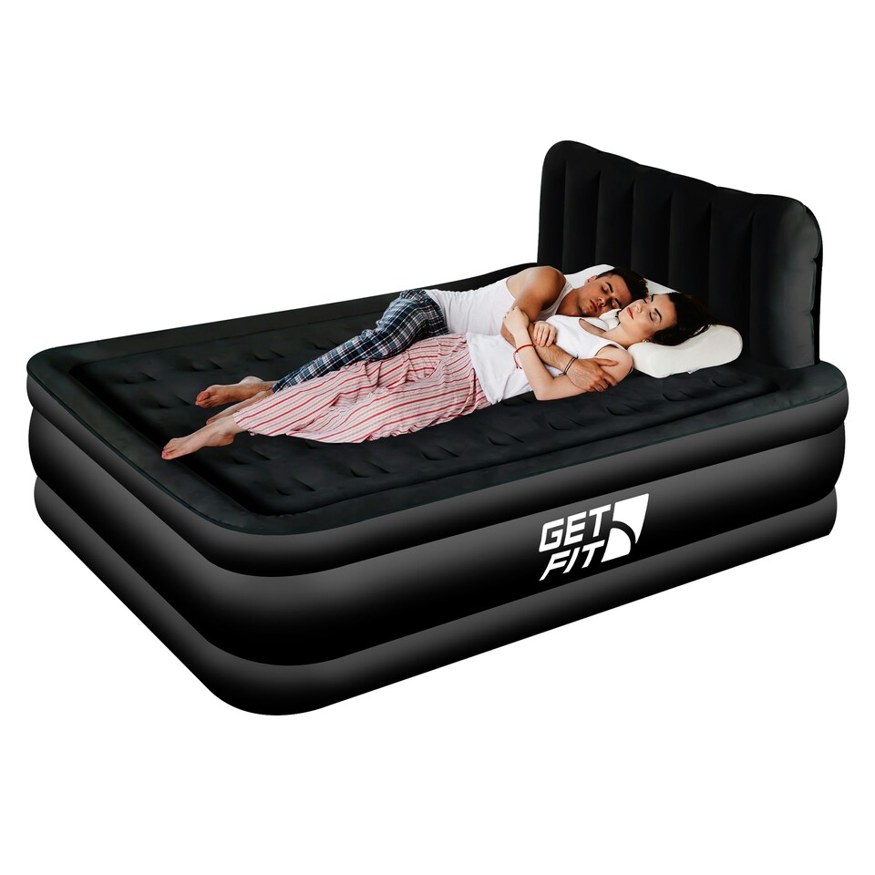 image 1 of Get Fit Air Bed With Built In Electric Pump - King Airbed Blow Up Bed With Headboard, 2 Free Inflatable Pillows - Elevated Inflatable Air Mattress - Black Mono