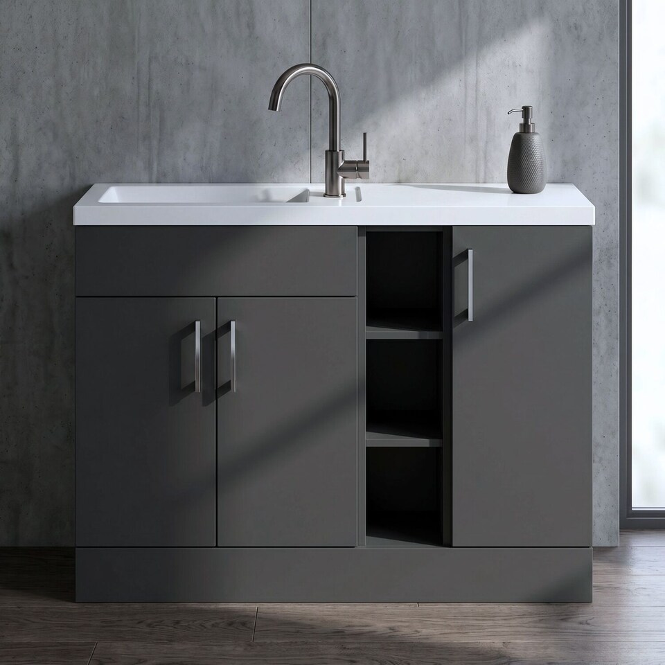 image 1 of Balterley Wichnor Contemporary Floor Standing Compact 3 Door Combination Vanity Basin Unit with Open Shelves and Polymarble Basin, 1100mm, Dark Grey