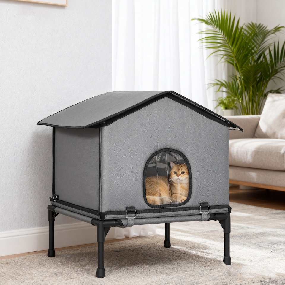 image 1 of PawHut Outdoor Cat House, Waterproof Insulated Cat Kennel with Elevated Base, Cushion, Foldable Feral Kitty Shelter for Indoor Outdoor Kittens, Grey