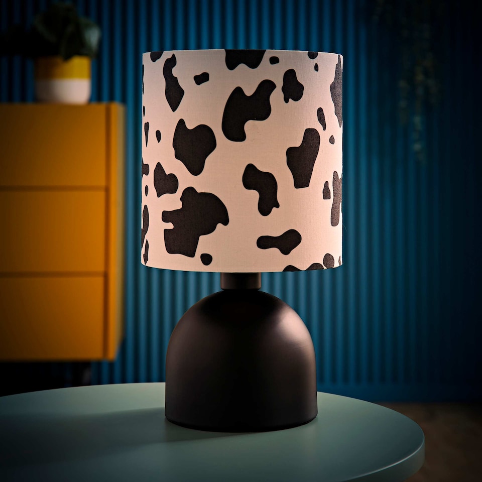 image 1 of ValueLights Miley Cow Print Shade Matte Black Table Lamp and Bulb