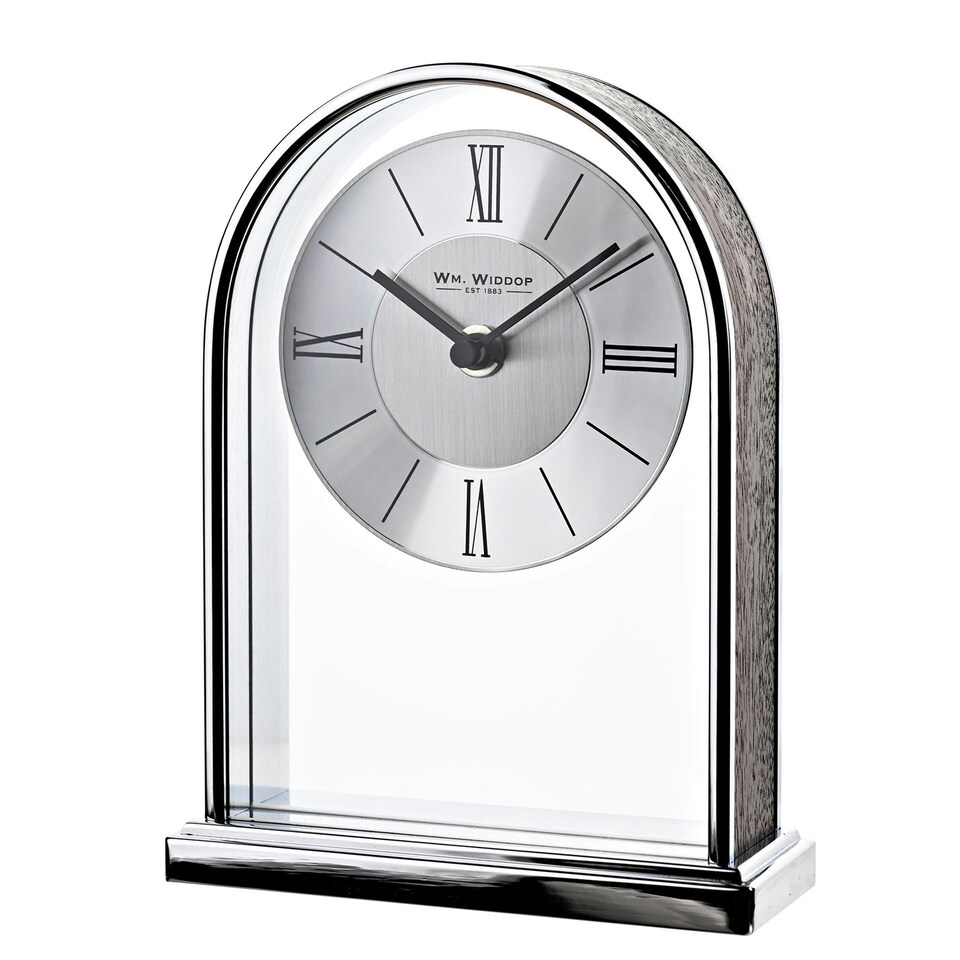 image 1 of Wm.Widdop Chrome & Wood Veneer Mantle Clock Chrome | Brown
