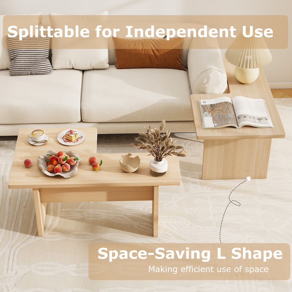 image 1 of COSTWAY Set of 2 Modular Coffee L Shaped Center Tables Oak