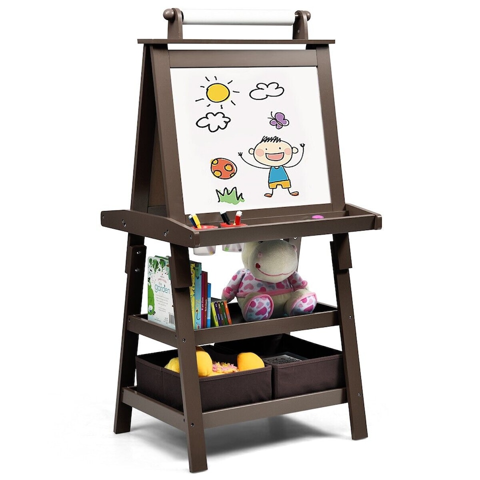 image 1 of COSTWAY 3 in 1 Kids Art Easel Double-Sided Blackboard Magnetic Whiteboard W/ Paper Roll