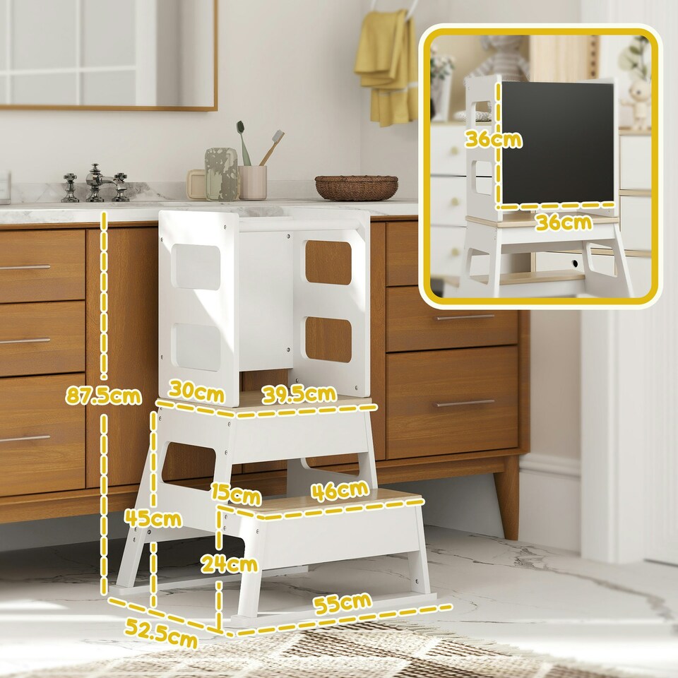 image 1 of AIYAPLAY 2 in 1 Toddler Tower w/ Chalkboard, Safety Rail, for Kitchen, Sink