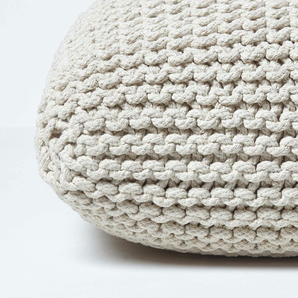 image 1 of Homescapes Natural Square Cotton Knitted Pouffe Floor Cushion | Cream | 70 x 20 cm