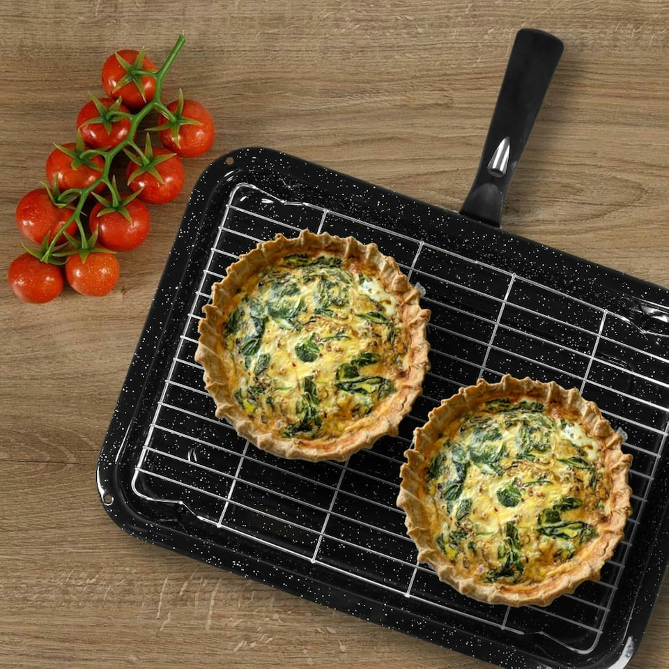 image 1 of SPARES2GO Small Grill Pan, Rack & Detachable Handle for Neff Oven Cookers (Non-Stick Vitreous Enamelled)
