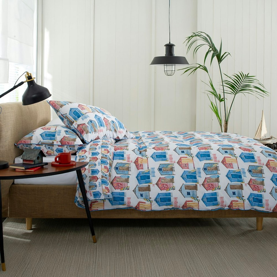 image 1 of Queens Parade 100% Cotton Duvet Set with Vibrant Beach Hut Print and Piped Edging Multi | White | King
