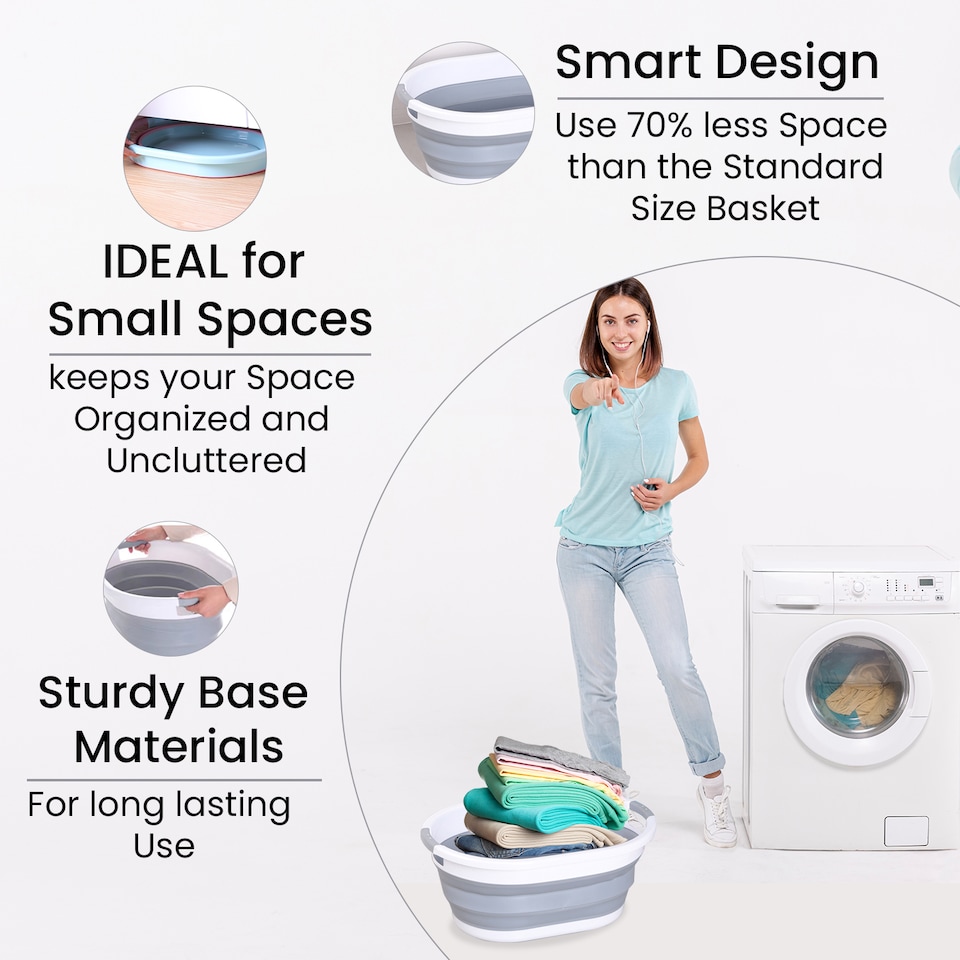 image 1 of 24L Collapsible Plastic Laundry Basket, Foldable Washing Laundry Hamper