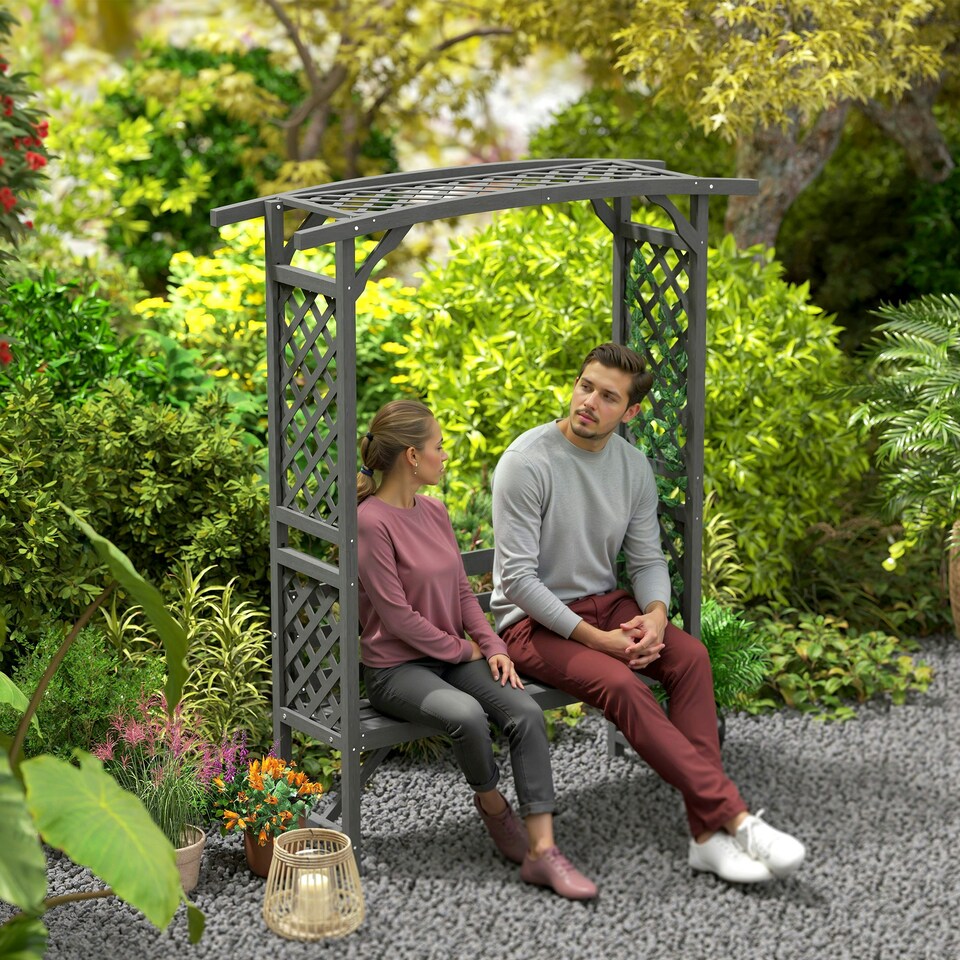 image 1 of Outsunny Arch Pergola Garden Bench, Wooden Garden Arbour with Seat, Grey