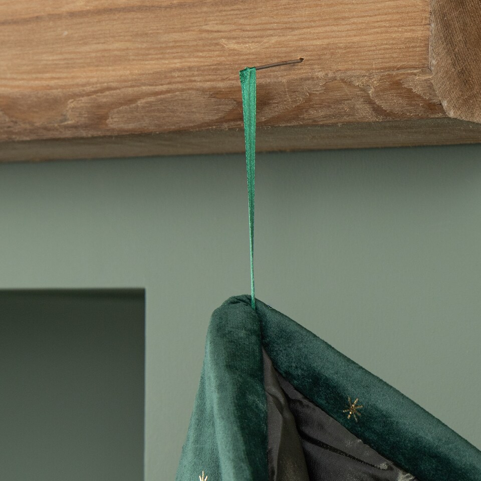 image 1 of 70cm Hanging Dark Green Velour Star Print Christmas Stocking with Pom Poms