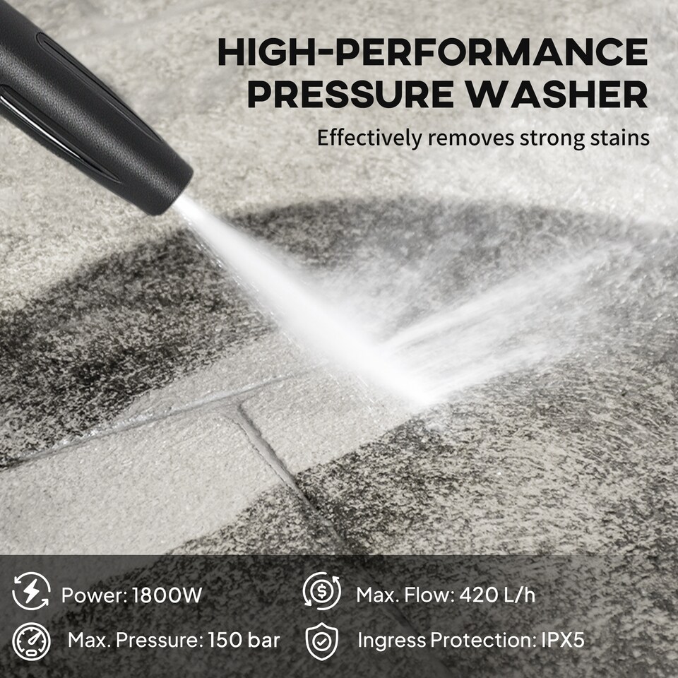image 1 of Outsunny 1800 W High Pressure Washer, 150 Bar Pressure, 420 L/h Flow, Portable Electric Power Washer Jet Wash Cleaner with Adjustable Nozzle, 6 M Hose and Hose Reel for Home Patio Car Driveway, Red