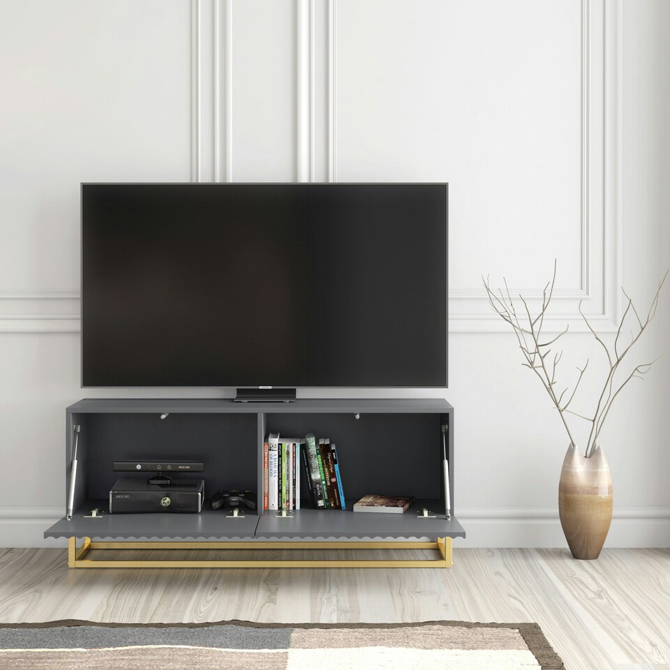 image 1 of TV Unit 100cm Grey Matt Fluted Fronts with Gold Metal Base Grey