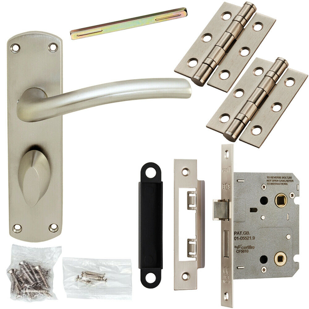 Loops Door Handle & Bathroom Lock Pack Satin Chrome Modern Arched Lever Backplate