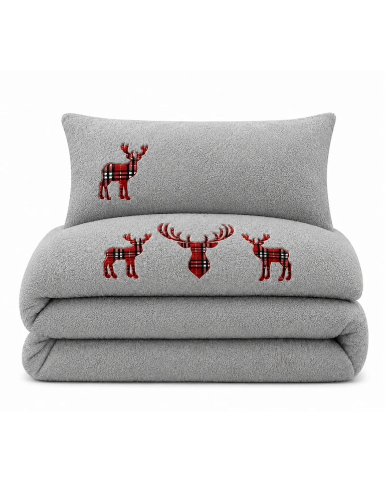 image 1 of Velosso Standing Stag Teddy Fluffy and Warm Fleece Duvet Cover Set | Silver | Silver | Single