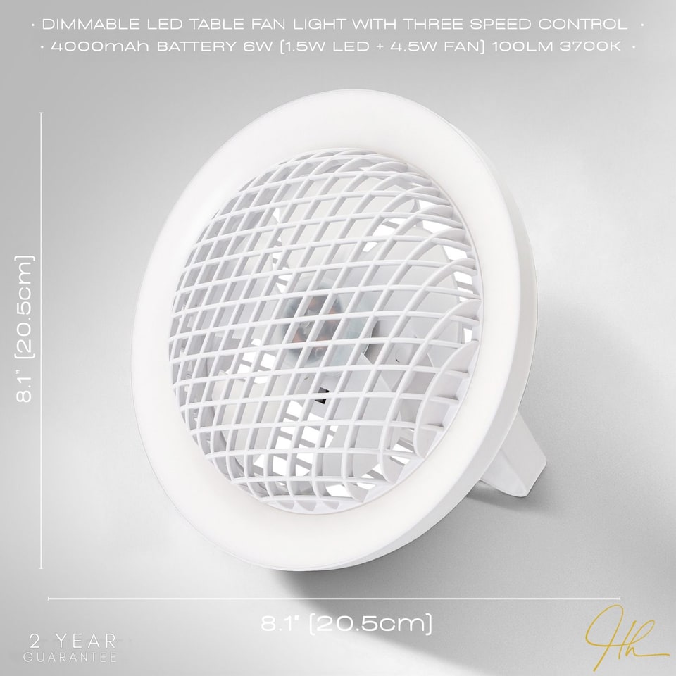 image 1 of White Rechargeable 3 Speed Desk Fan with LED Dimmable Ring Light